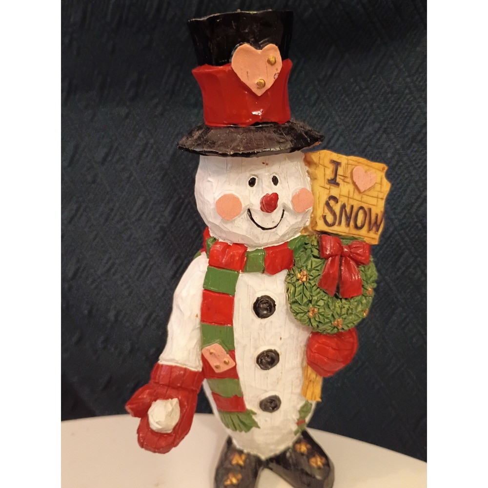 Vintage Style Resin Snowman Figurine I Love Snow Sign Wreath Holiday Decor